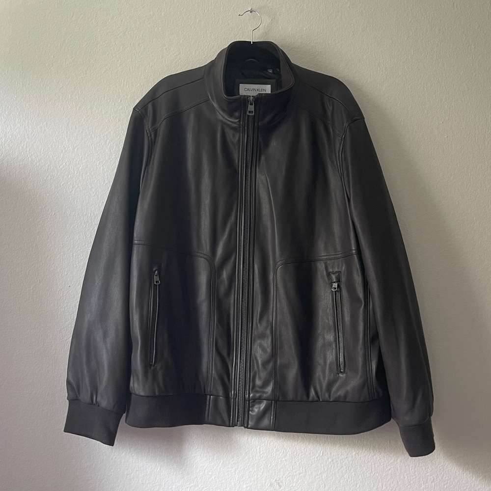 Calvin Klein Dark Brown Leather Bomber Jacket